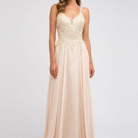 NEW CHAMPAGNE Illusion V-Neck A-Line Shape Evening Dress JT240